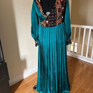 Chic Teal and Patterned Long Sleeve Dress